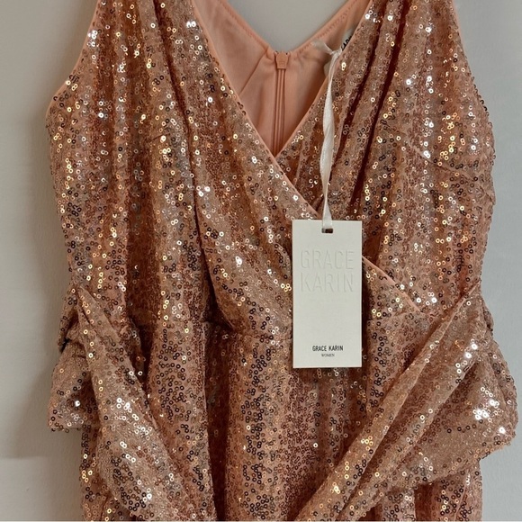 Sequined Spaghetti Straps V-Neck Bodycon Party Dress - Rose Gold - Picture 12 of 12